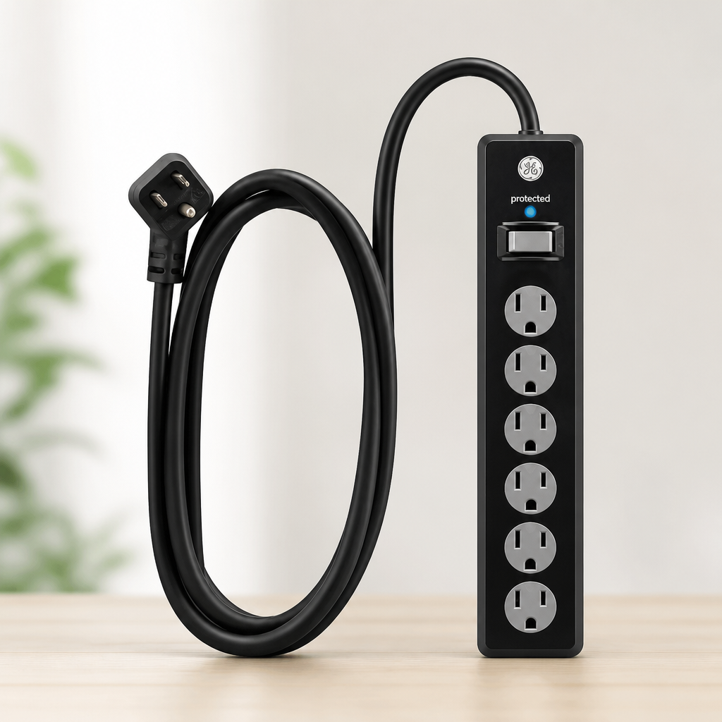 GE 6-Outlet Surge Protector, 10 Ft Extension Cord, Power Strip, 800 Joules, Twist-to-Close Safety Covers, Protected Indicator Light, ETL Listed, Black, 37442