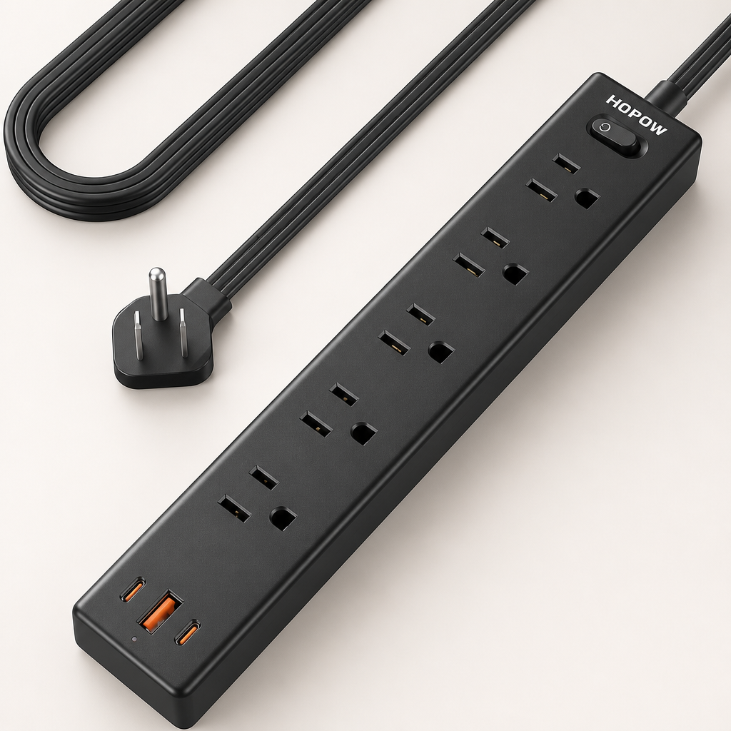 5Ft Extension Cord with Multiple Outlets, HOPOW Flat Plug Power Strip Surge Protector, 5 Outlets & 3 USB Ports (2 USB C), 1700 Joules, Wall Mount, Charging Station for Home Office Dorm, Black