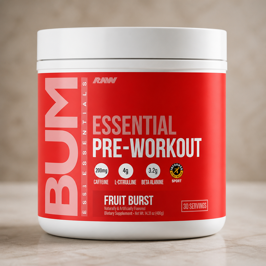 RAW Essential Pre-Workout Powder (Fruit Burst) - Chris Bumstead Sports Nutrition Supplement for Men & Women - Preworkout Energy Powder with Caffeine, L-Citrulline, L-Tyrosine, & Beta Alanine Blend