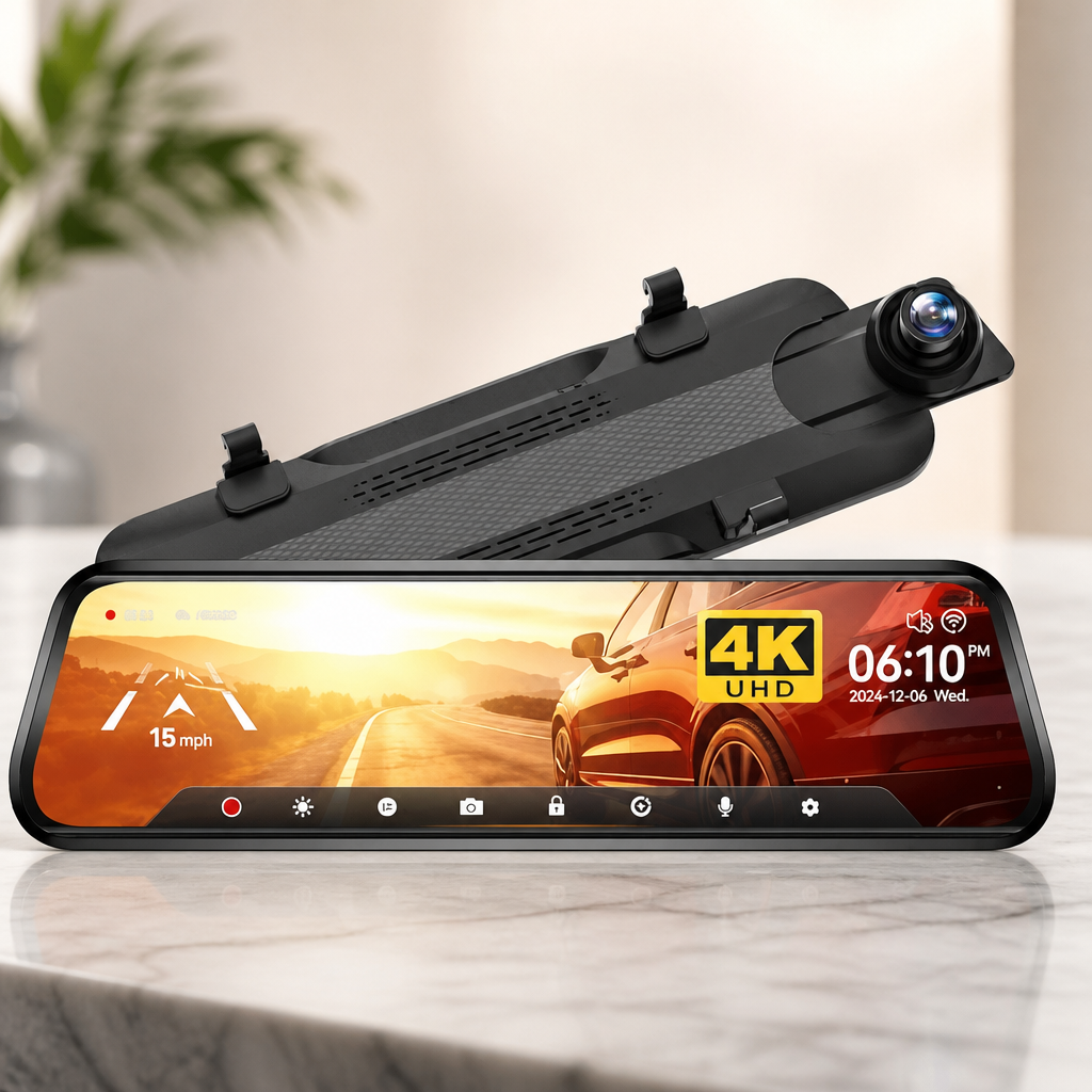 WOLFBOX G930 10'' Rear View Mirror Camera with 5.8GHz WiFi, 4K Dash Cam Front and Rear with WDR, Touch Screen Rearview Mirror Backup Camera, Parking Monitor, Reverse Assist, Includes 64GB Card & GPS